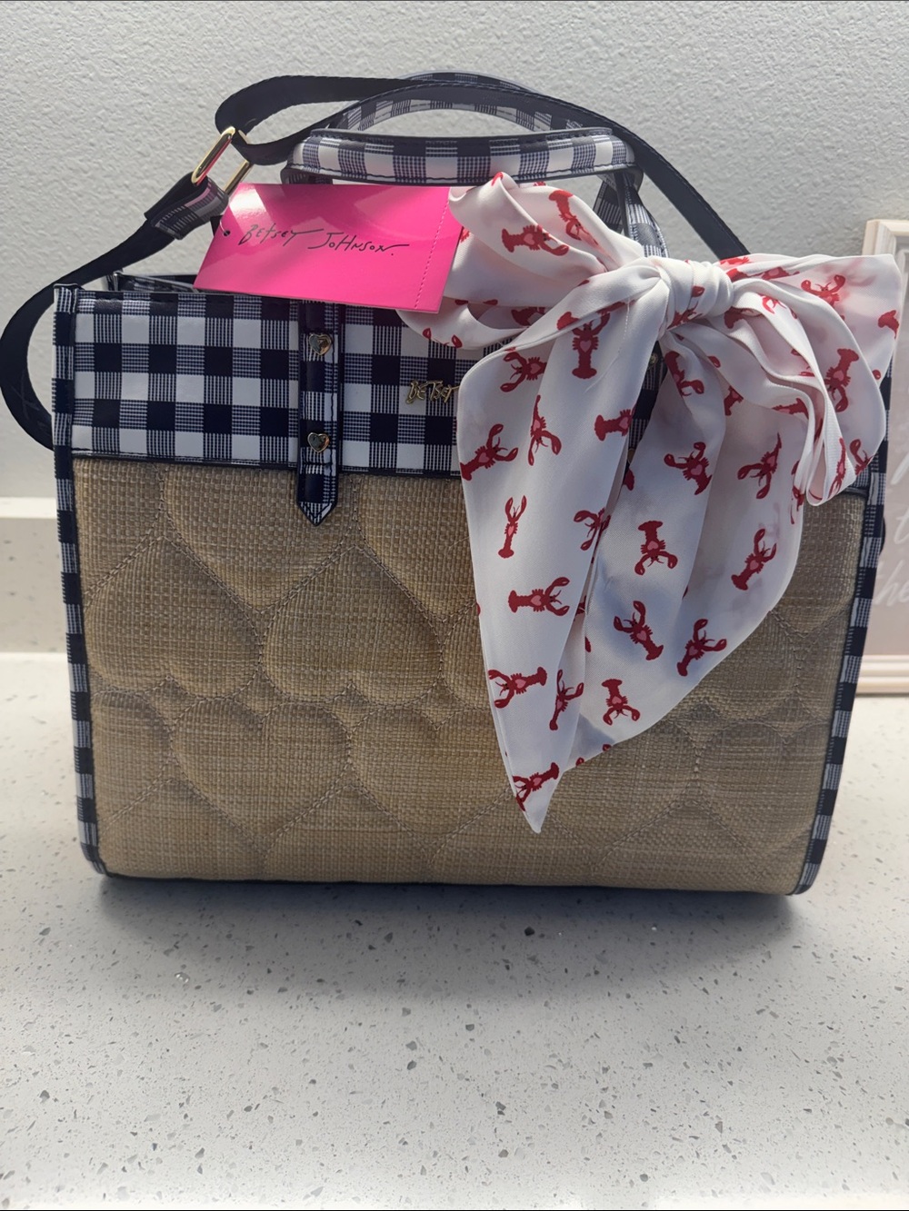 Betsey Johnson Navy Gingham & Natural Straw Tote with Red Lobster Scarf Accent
